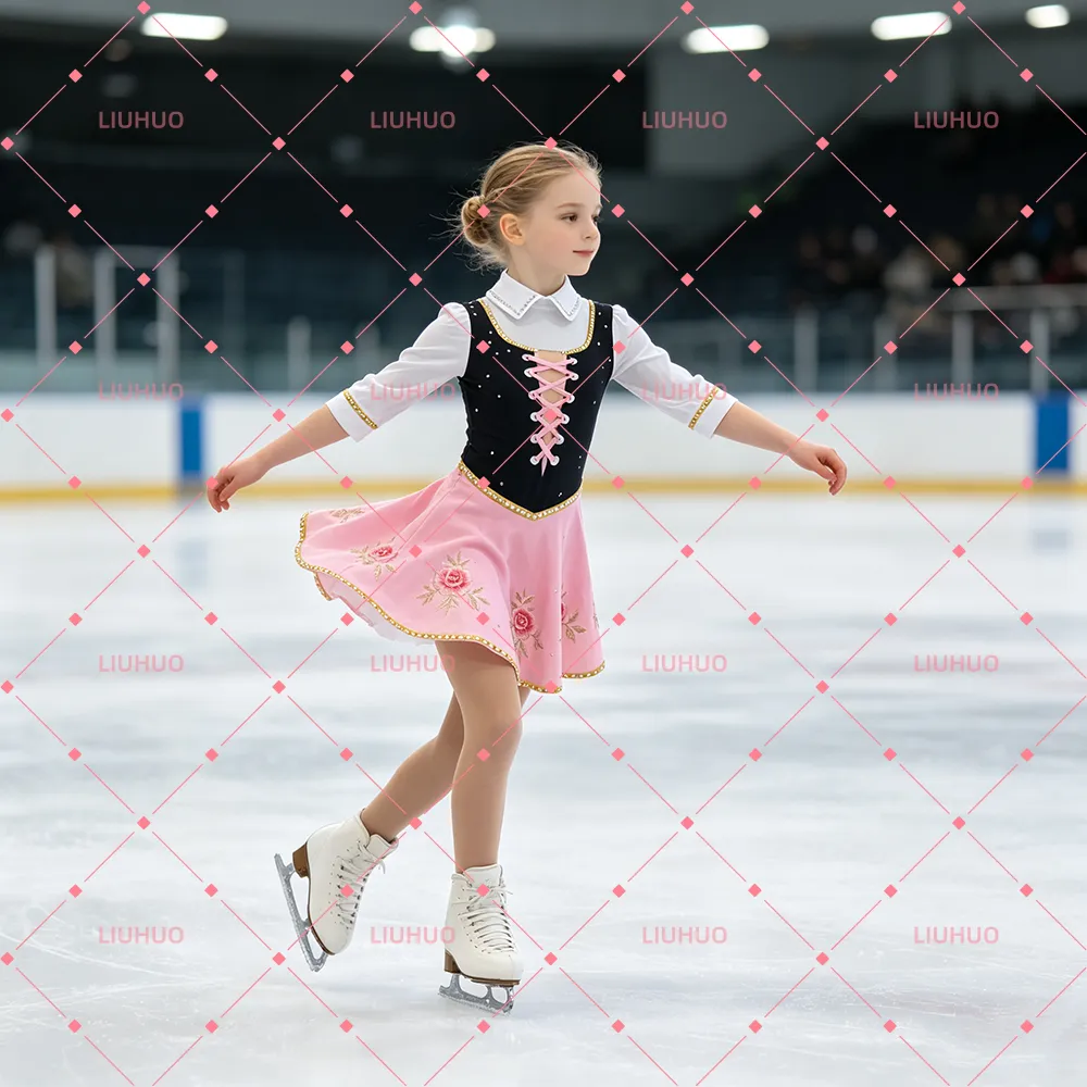 LIUHUO Figure Skating Dress JC1165 | German Dirndl Bavarian Pink Rose Floral Embroidered Crystal Figure Skating Costume for Girls