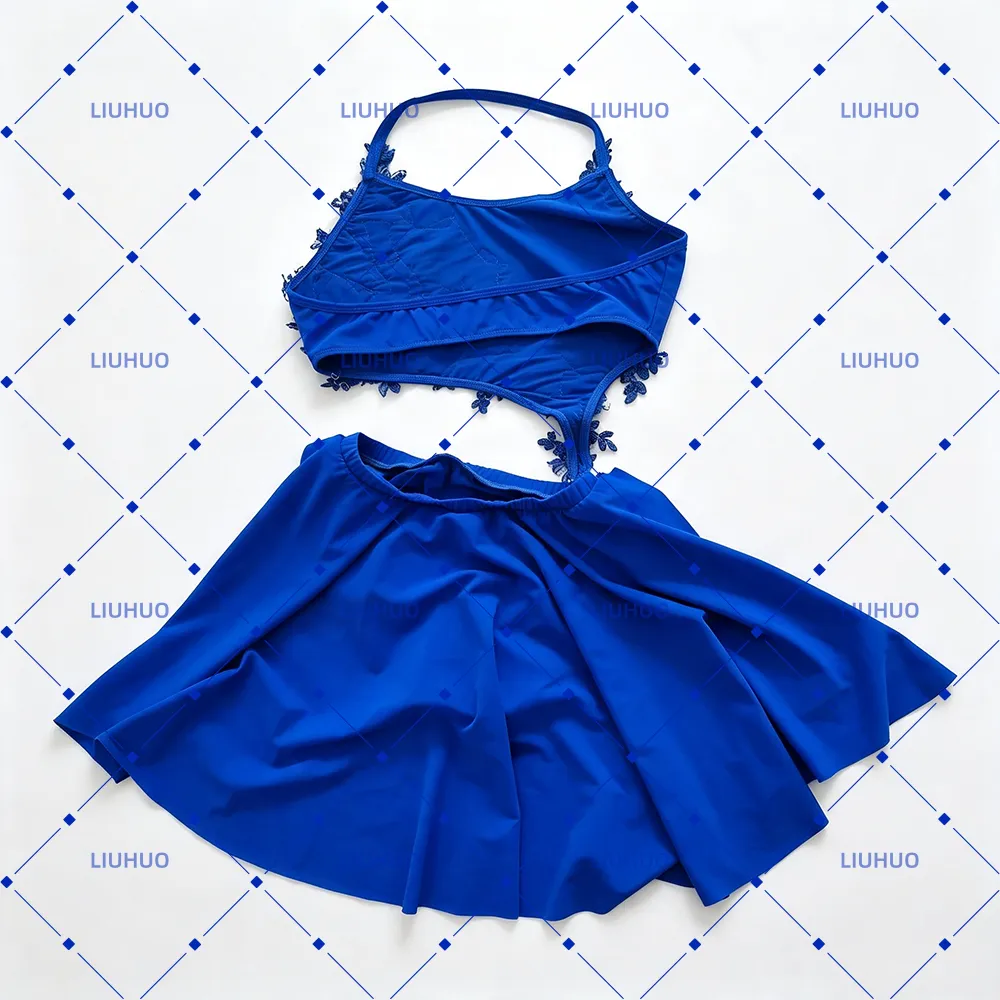 LIUHUO Lyrical Dance Costume JC684 | Royal Blue & Red Crystal Pearl Lace Asymmetric Halter Performance Suit for Women & Girls