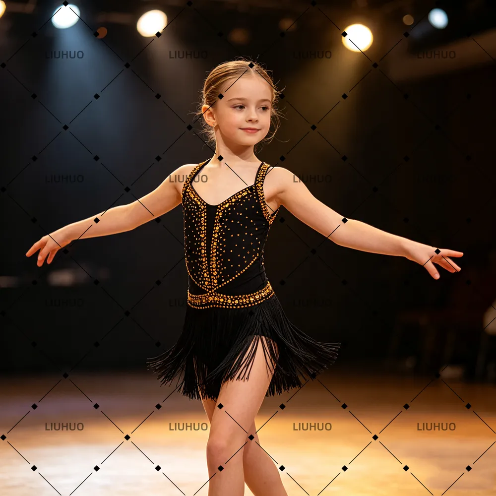 LIUHUO Lyrical Dance Costume JC1244 | Black Gold Halter Neck Heavy Crystal Fringe Rhythm Competition Latin Costume for Girls