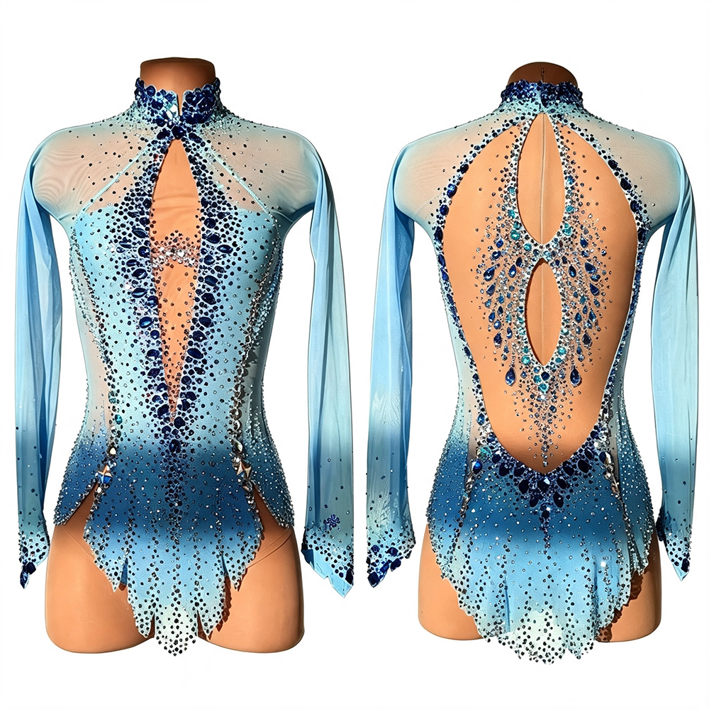 LIUHUO Rhythmic Gymnastics Leotards JC1404 | Sky Blue Gradient Sapphire Crystal High-Neck Keyhole Back Long Sleeve Performance Suit for Women & Girls