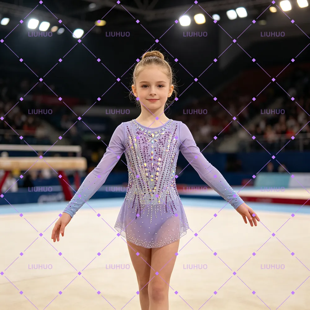 LIUHUO Rhythmic Gymnastics Leotards BD1698 | Lilac Purple Lavender Gradient Long Sleeve Crystal Gymnastics Costume for Girls