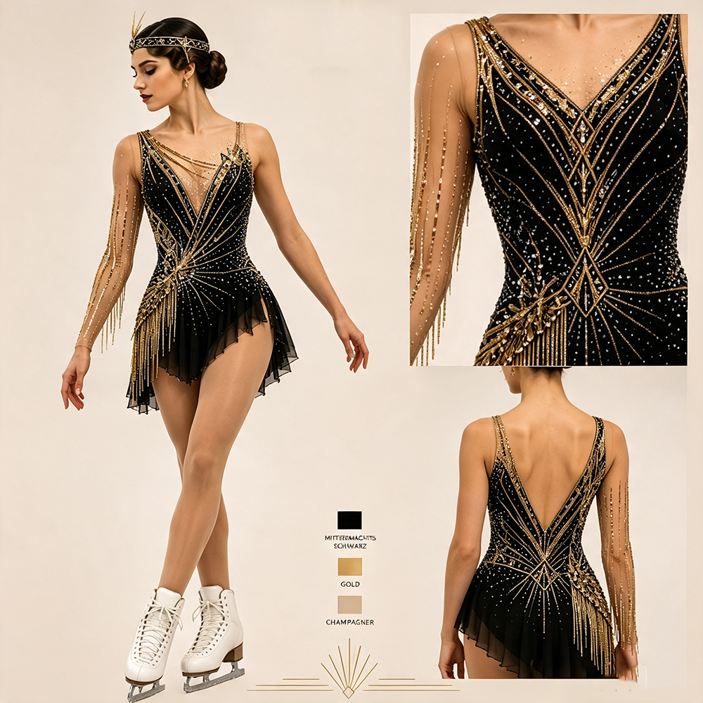 LIUHUO Figure Skating Dress JC1427 | Great Gatsby Black Gold Art Deco Flapper Fringe Crystal Performance Outfit for Women & Girls