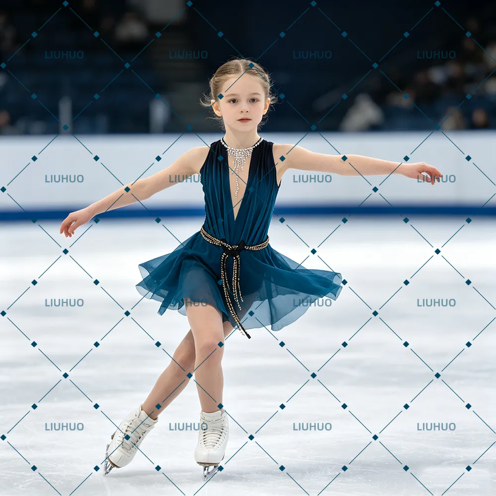 LIUHUO Figure Skating Dress JC1248 | Deep Teal Ombré Plunging V-Neck Gold Beaded Belt Keyhole Back Chiffon Ice Costume for Women
