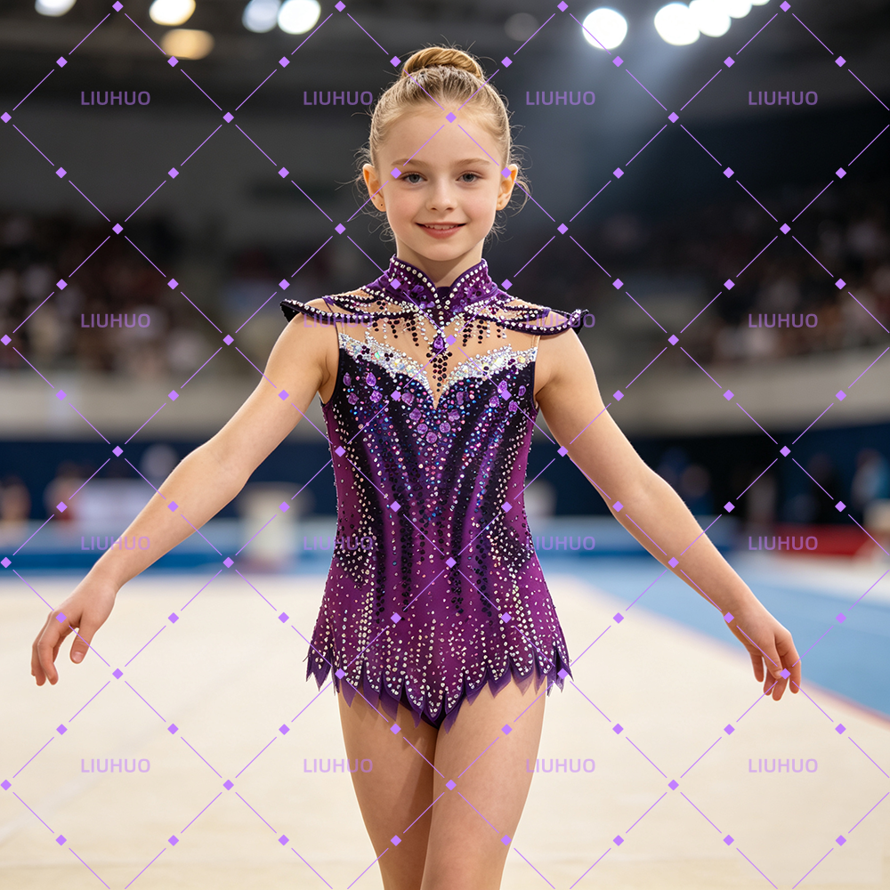 LIUHUO Rhythmic Gymnastics Leotard JC892 | Royal Purple High Neck Sleeveless Crystal Matrix Jagged Hem Competition Performance Suit for Women & Girls