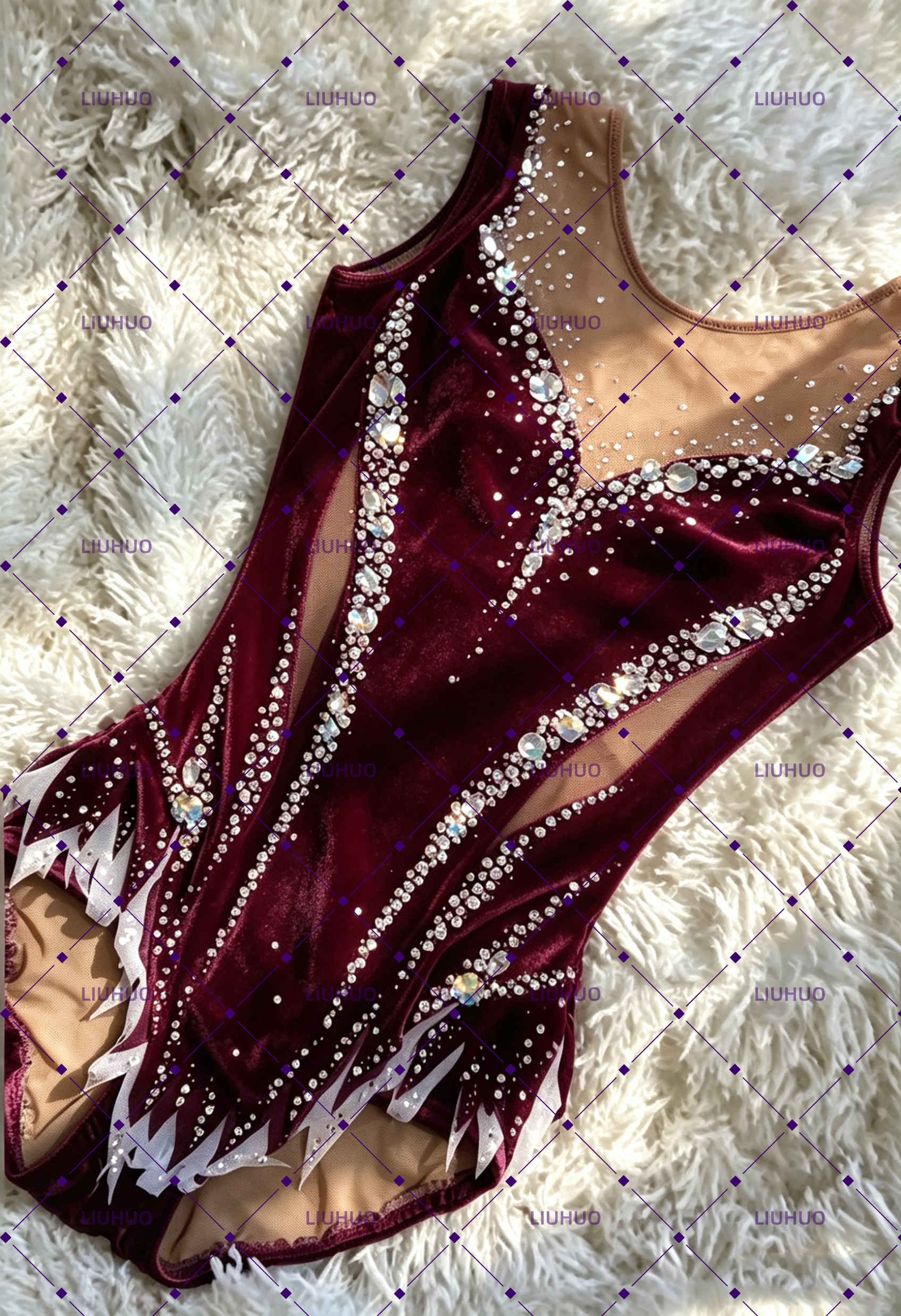 LIUHUO Rhythmic Gymnastics Costume BD9089 | Velvet Purple Red Competition Gymnastics Costume for Girls