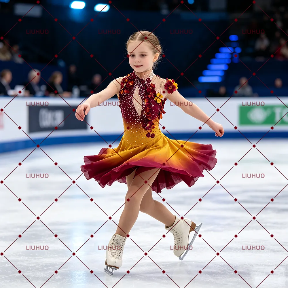 LIUHUO Figure Skating Dress BD7107 | Burgundy Yellow Gradient 3D Flower Crystal Embellished Skating Dress for Girls