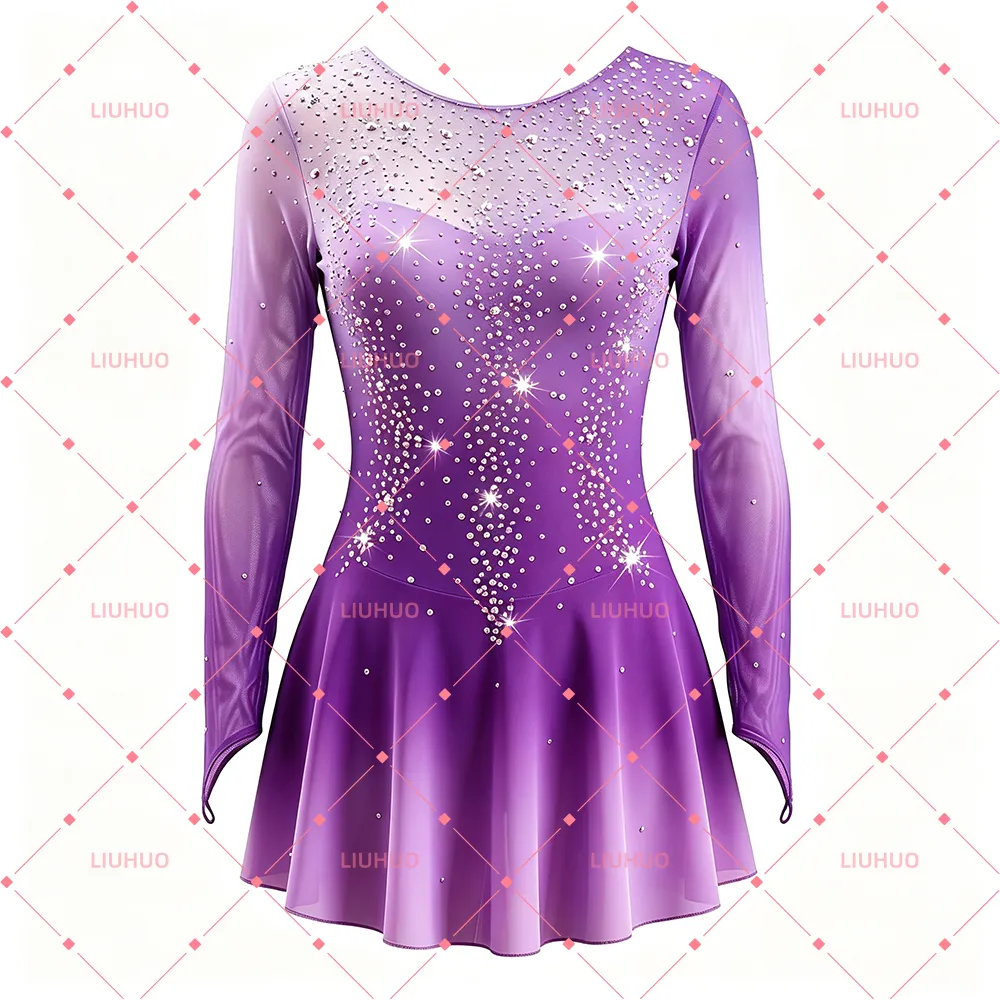 LIUHUO Figure Skating Dress  BD1634 | Pink Ombre Crystal Competition Skating Costume for Girls & Women