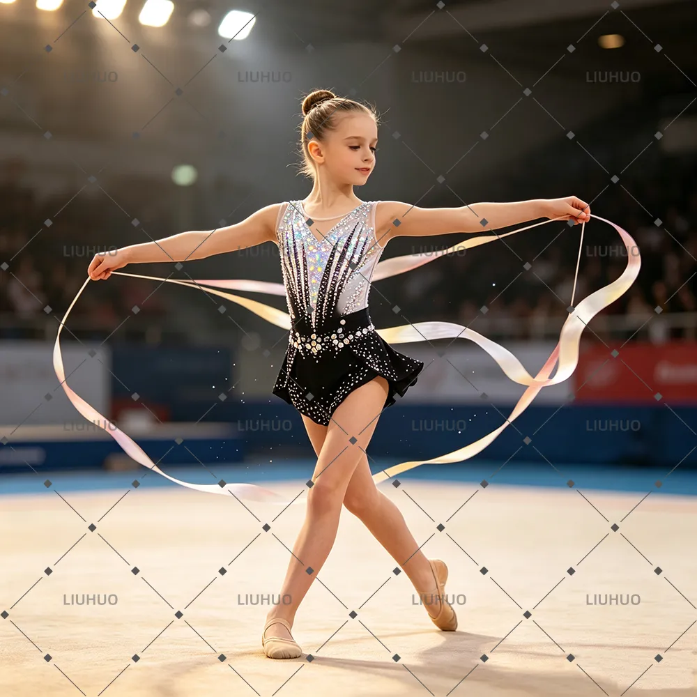 LIUHUO Rhythmic Gymnastics Leotard JC1276 | Black Silver V-Neck Sleeveless Crystal Matrix Competition Suit for Women & Girls