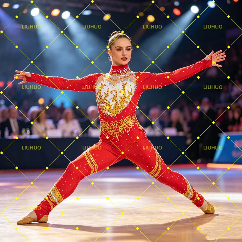LIUHUO Rhythmic Gymnastics Unitard JC1243 | Scarlet Red Gold Baroque Heart Crystal Full-Body Jumpsuit Cat suit for Women & Girls