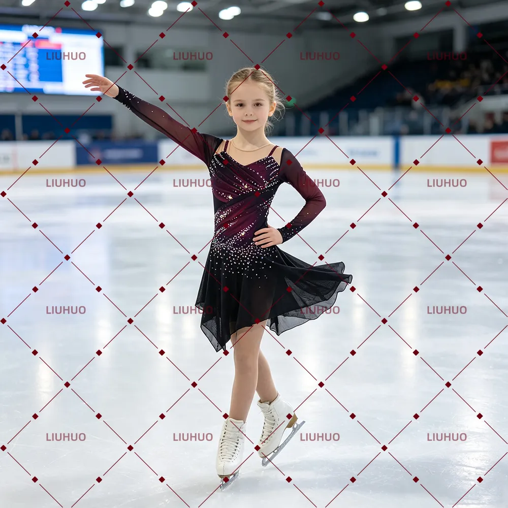 LIUHUO Figure Skating Dress  JC878 | Deep Plum Ombré Ruched Bodice Geometric Star Back Crystal Long Sleeve Outfit for Women & Girls