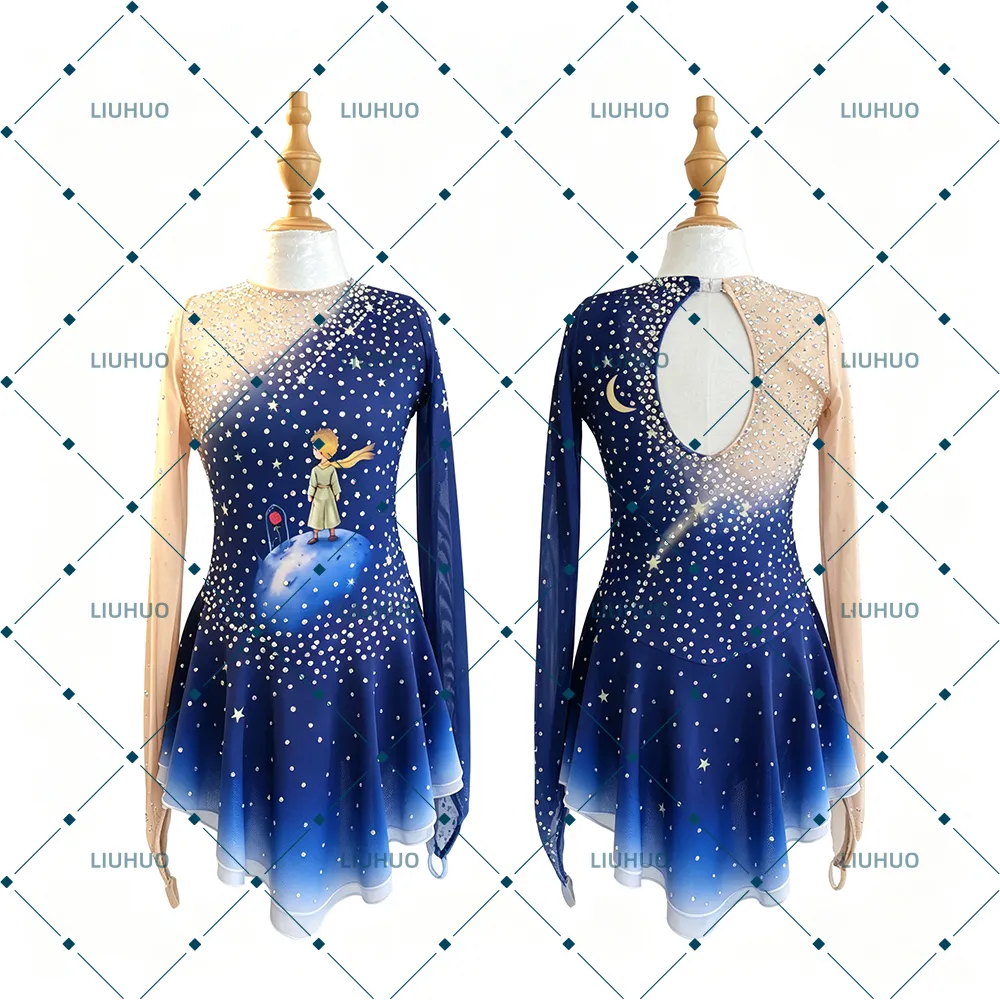 LIUHUO Figure Skating Dress JC1149 | The Little Prince Blue Ombré Star Crystal Competition Skating Costume for Girls
