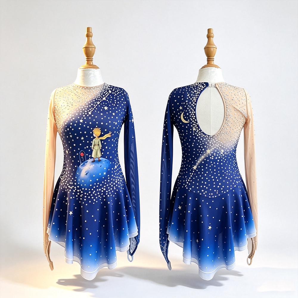 LIUHUO Figure Skating Costume JC1149 | The Little Prince Galaxy Theme Ombre Blue Crystal Skating Costume for Girls