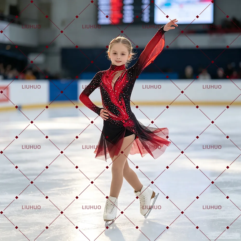 LIUHUO Figure Skating Dress  JC923 | Crimson Red Onyx Black Flame Ombré High-Neck Crystal Long Sleeve Performance Outfit for Women & Girls