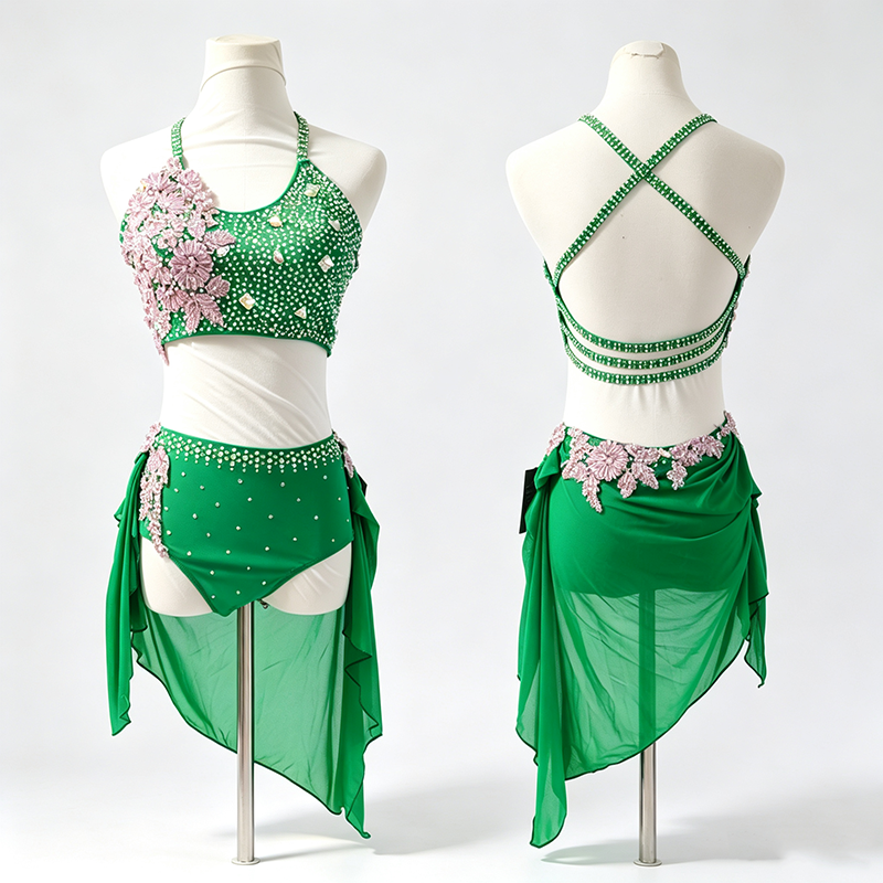 LIUHUO Lyrical Dance Costume JC1083 | Emerald Green Pink Floral Asymmetric Crystal Contemporary Costume for Girls