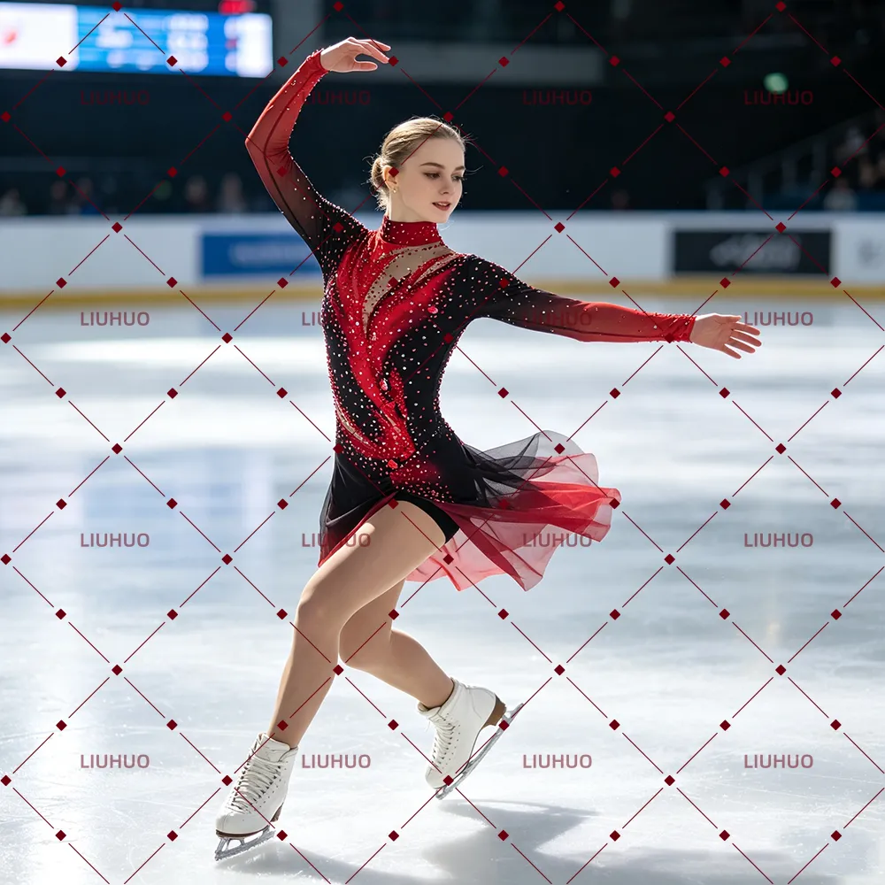 LIUHUO Figure Skating Dress  JC923 | Crimson Red Onyx Black Flame Ombré High-Neck Crystal Long Sleeve Performance Outfit for Women & Girls