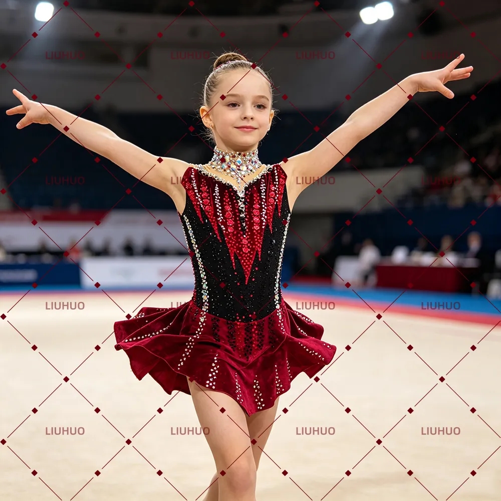 LIUHUO Rhythmic Gymnastics Leotards  JC823 | Burgundy Wine Red Velvet Crystal Choker Keyhole Back Sleeveless Performance Suit for Women & Girls