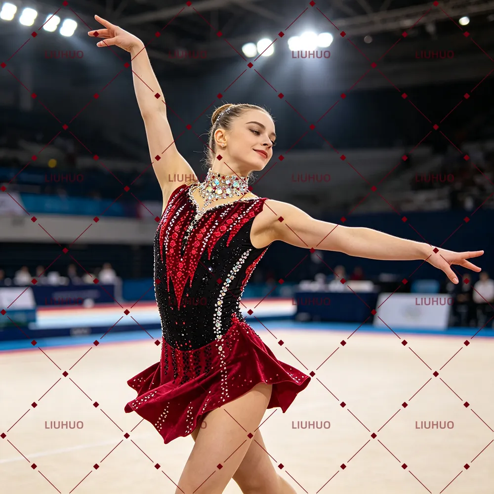 LIUHUO Rhythmic Gymnastics Leotards  JC823 | Burgundy Wine Red Velvet Crystal Choker Keyhole Back Sleeveless Performance Suit for Women & Girls