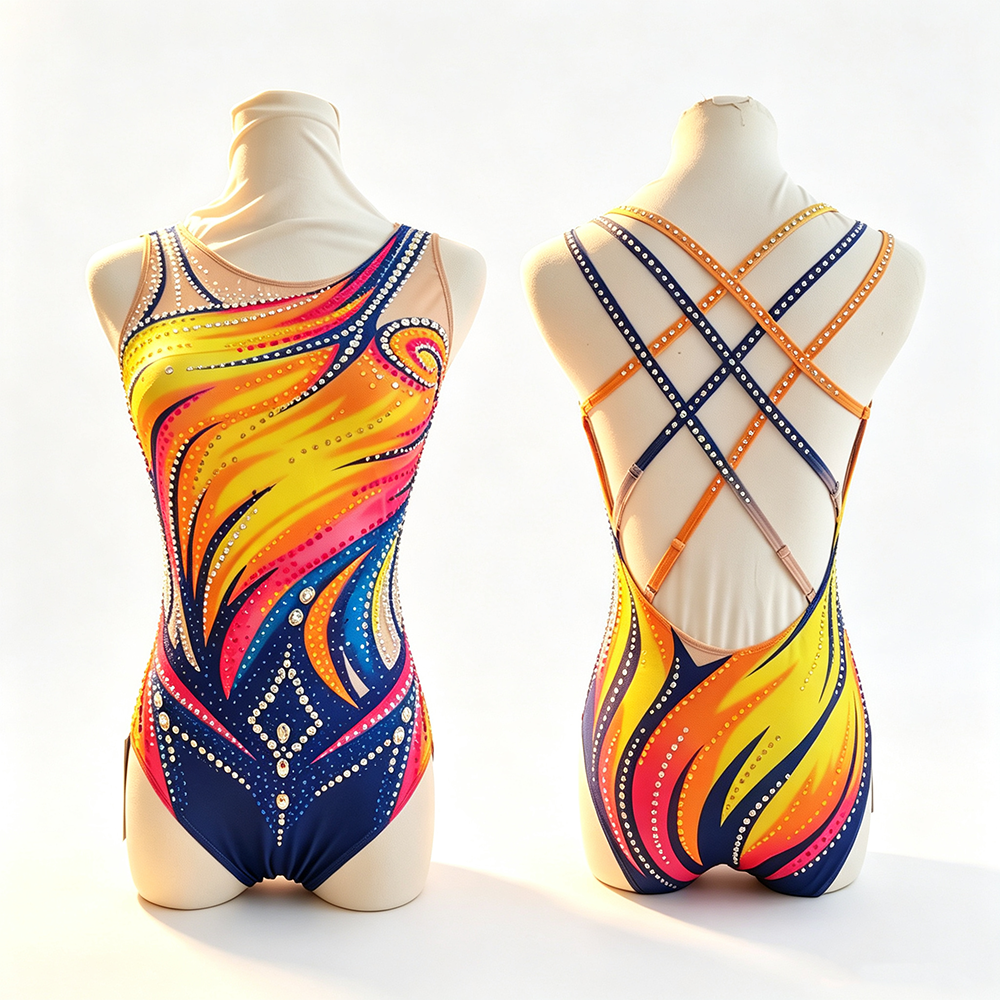 LIUHUO Rhythmic Gymnastics Costume JC1080 | Vibrant Sunburst Flame Lattice Criss-Cross Back Crystal Embellished Performance Costume for Girls