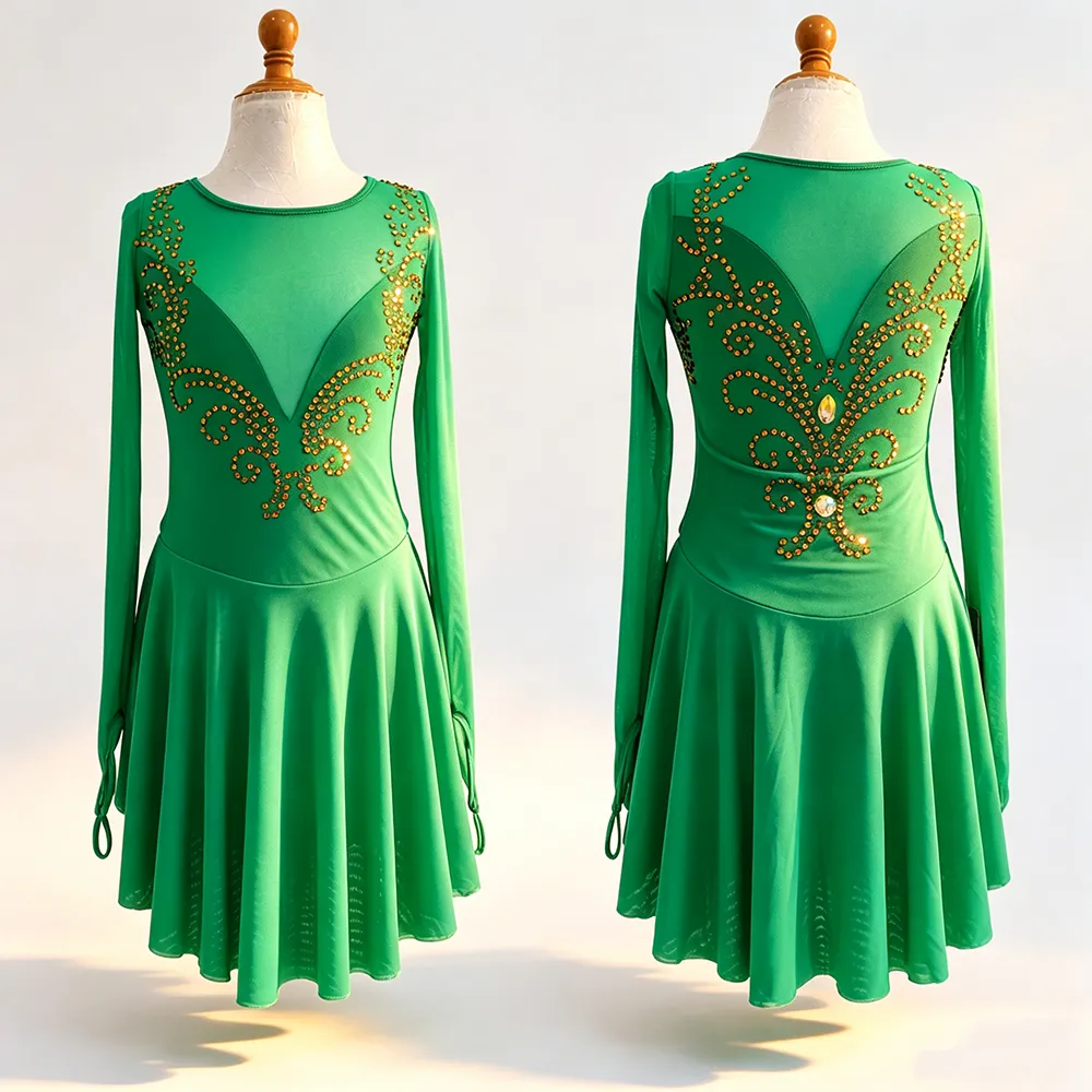 LIUHUO Figure Skating Costume BD8848 | Emerald Green Long Sleeve Illusion Mesh Baroque Gold Rhinestone Competition Lyrical Costume for Girls