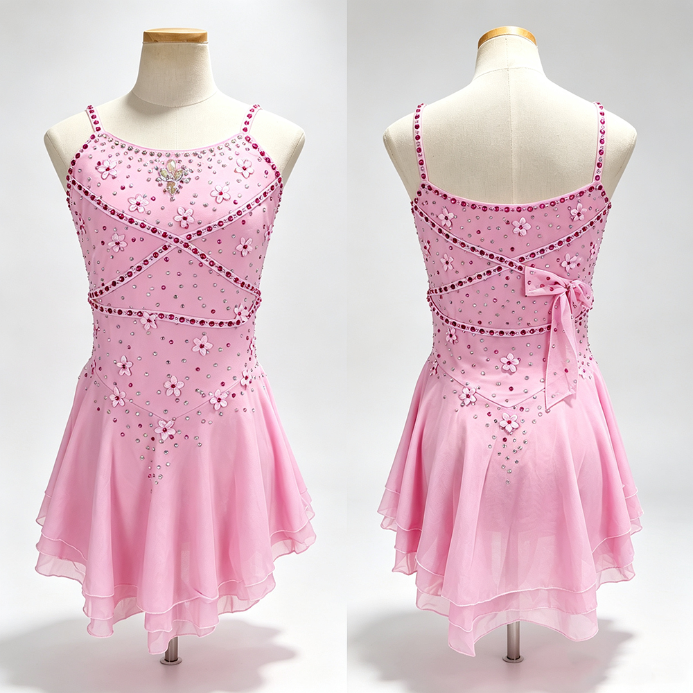 LIUHUO Figure Skating Costume JC1135 | Pink 3D Floral Camisole Competition Skating Costume for Girls