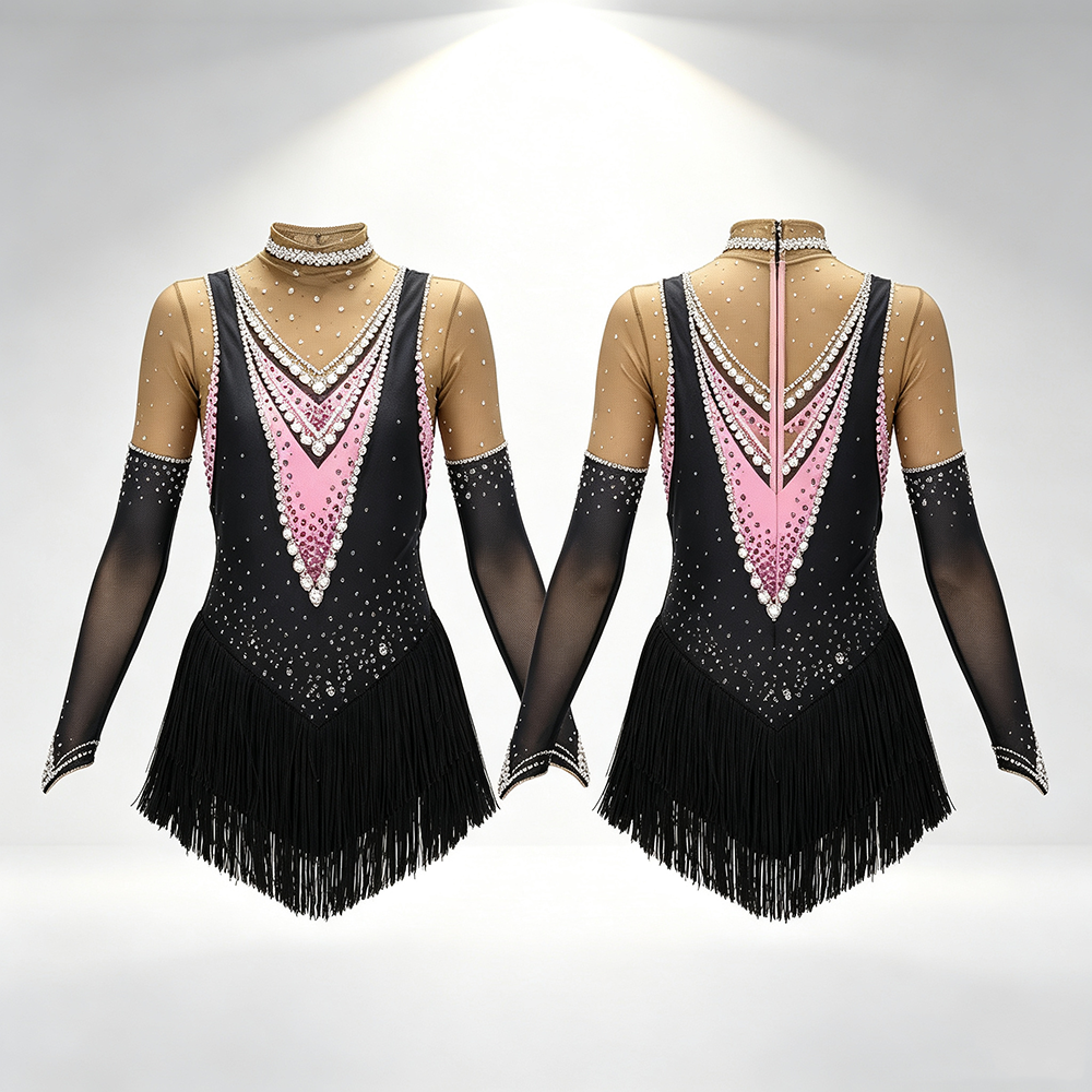 LIUHUO Figure Skating Dress BD2711 | Black Pink V-Neck Heavy Crystal Fringe Long Sleeve Skating Dress for Girls