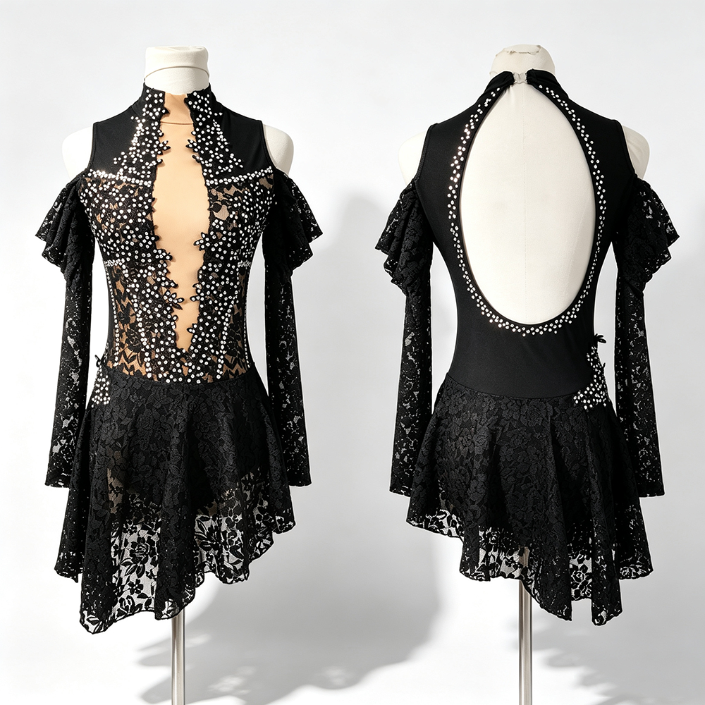 LIUHUO Lyrical Dance Costume JC1084 | Black Lace Cold-Shoulder Open Back Crystal Competition Lyrical Costume for Girls