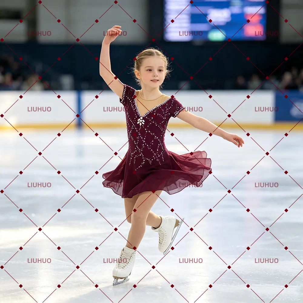 LIUHUO Figure Skating Dress JC332 | Burgundy Crystal Short Sleeve Competition Skating Costume for Girls