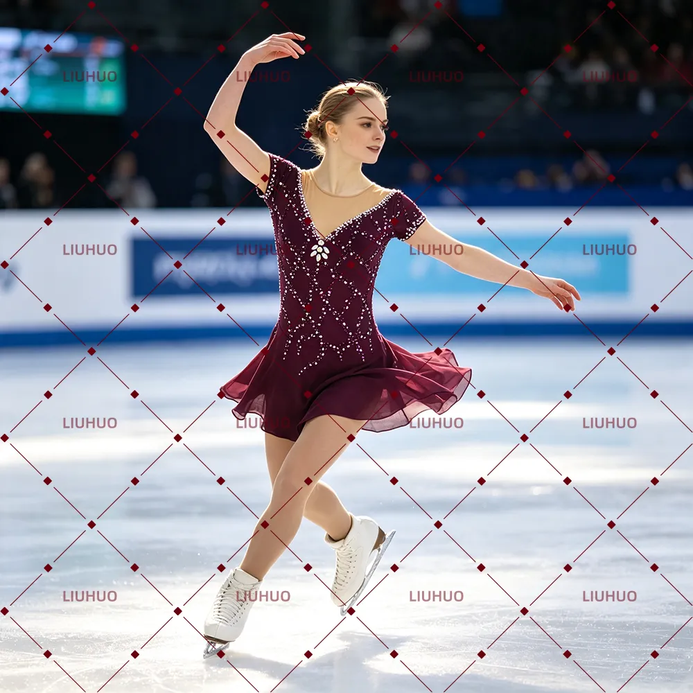 LIUHUO Figure Skating Dress JC332 | Burgundy Crystal Short Sleeve Competition Skating Costume for Girls