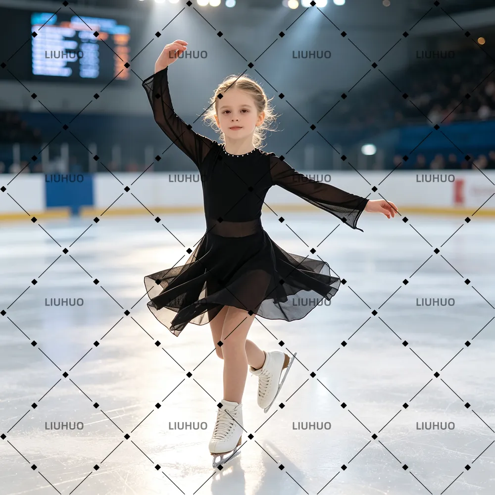 LIUHUO Figure Skating Dress  JC1288 | Minimalist Onyx Black Mesh Waist Keyhole Back Long Sleeve Practice Competition Outfit for Women & Girls