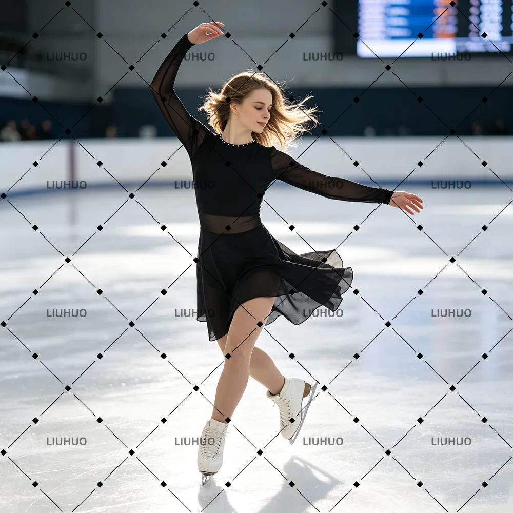 LIUHUO Figure Skating Dress  JC1288 | Minimalist Onyx Black Mesh Waist Keyhole Back Long Sleeve Practice Competition Outfit for Women & Girls