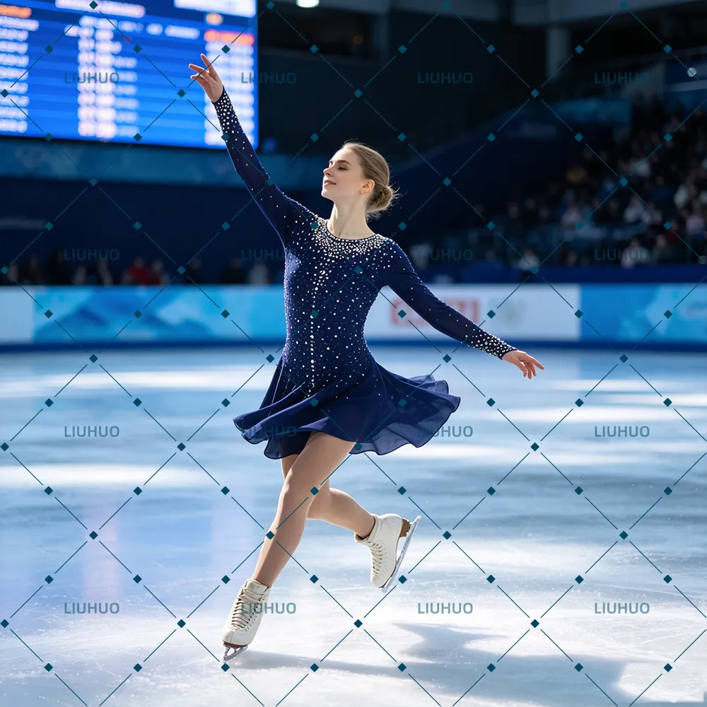 LIUHUO Figure Skating Dress  JC479 | Midnight Navy Blue Lattice Open Back Bow Tie Crystal Long Sleeve Outfit for Women & Girls