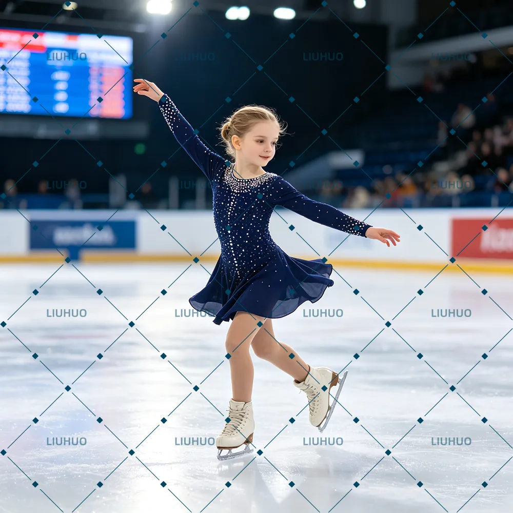 LIUHUO Figure Skating Dress  JC479 | Midnight Navy Blue Lattice Open Back Bow Tie Crystal Long Sleeve Outfit for Women & Girls