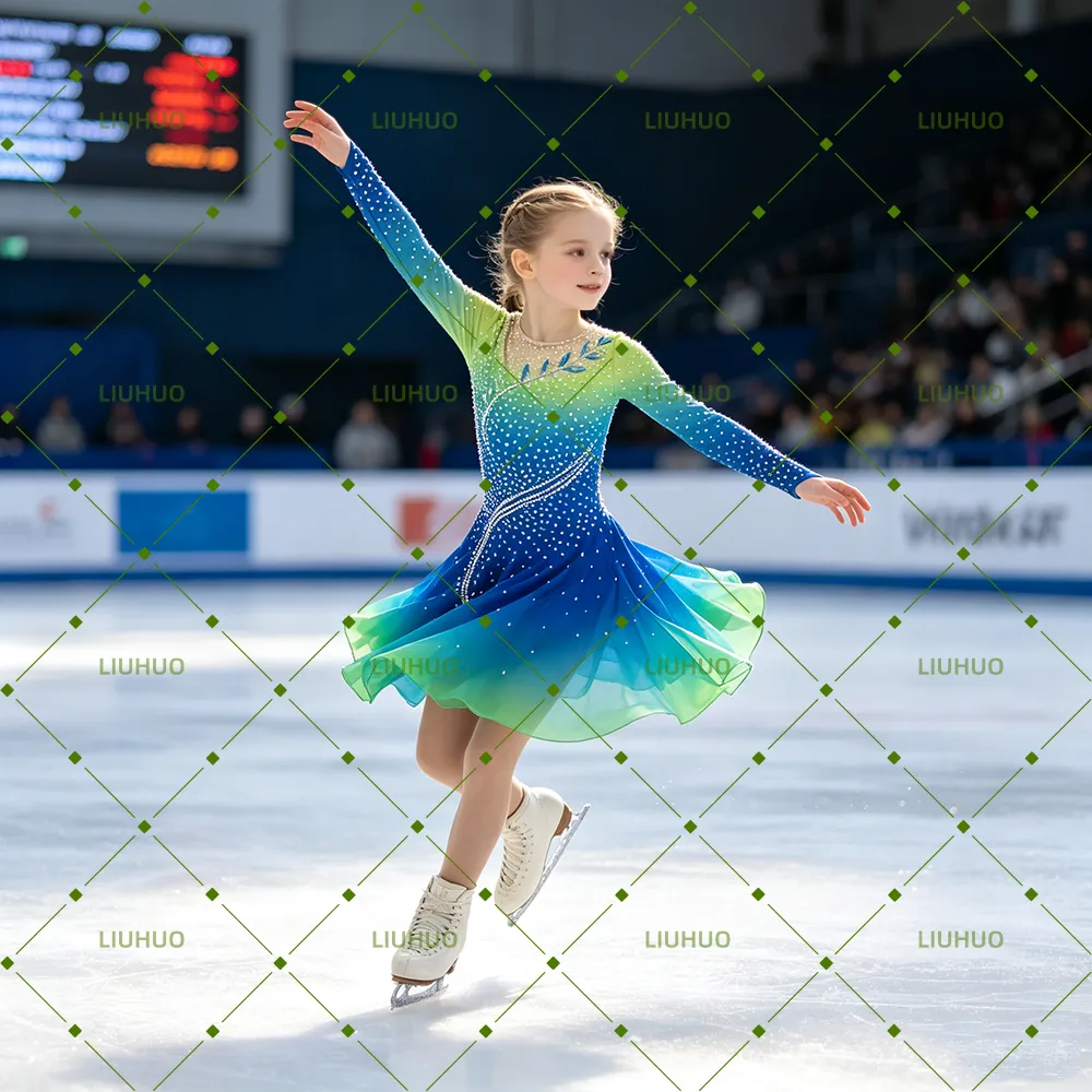 LIUHUO Figure Skating Dress  JC1275 | Vibrant Lime Green Royal Blue Gradient Vine Crystal Keyhole Back Long Sleeve Outfit for Women & Girls