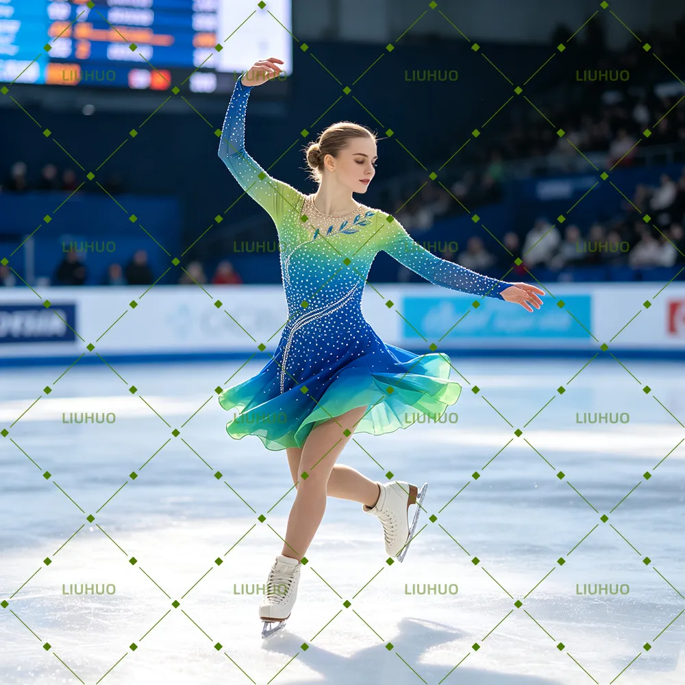 LIUHUO Figure Skating Dress  JC1275 | Vibrant Lime Green Royal Blue Gradient Vine Crystal Keyhole Back Long Sleeve Outfit for Women & Girls
