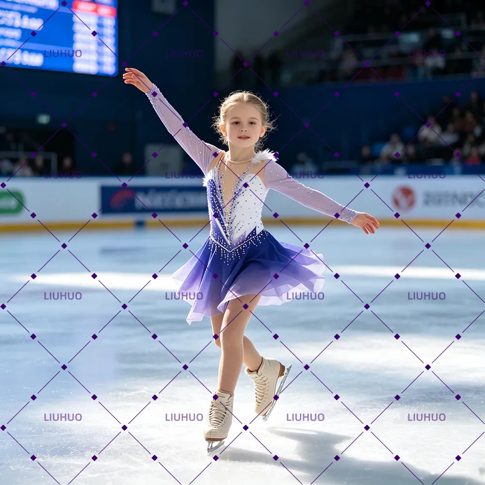 LIUHUO Figure Skating Dress  JC1261 | Lavender Violet Deep Indigo Ombré Feather Motif Crystal Long Sleeve Outfit for Women & Girls