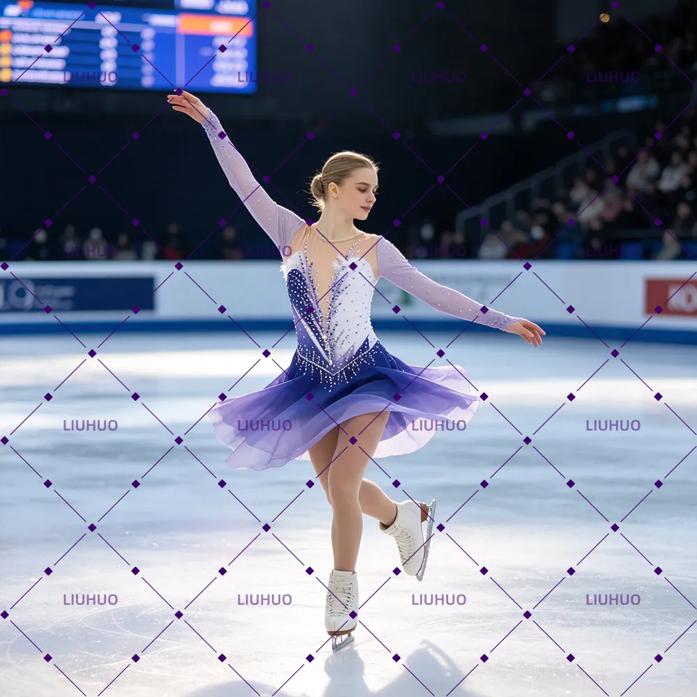 LIUHUO Figure Skating Dress  JC1261 | Lavender Violet Deep Indigo Ombré Feather Motif Crystal Long Sleeve Outfit for Women & Girls