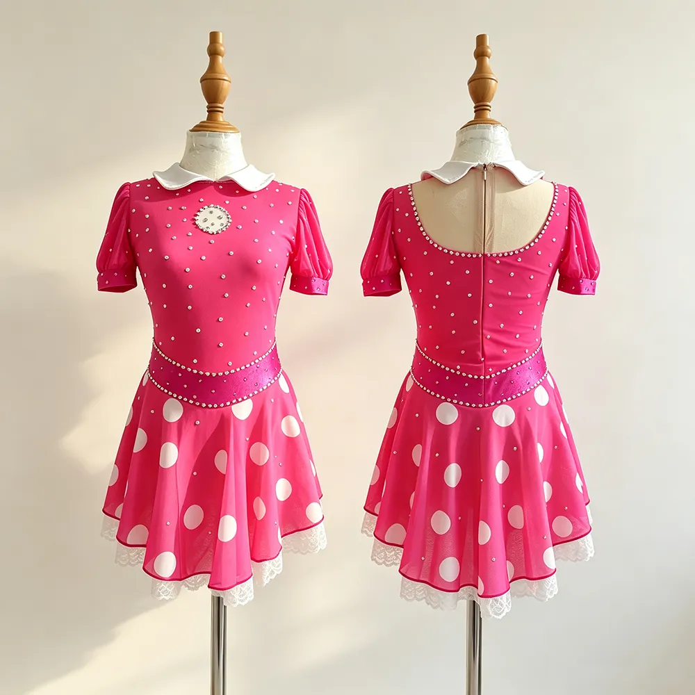 LIUHUO Figure Skating Dress JC1164 | Pink & White Peter Pan Collar Crystal Competition Skating Costume for Girls