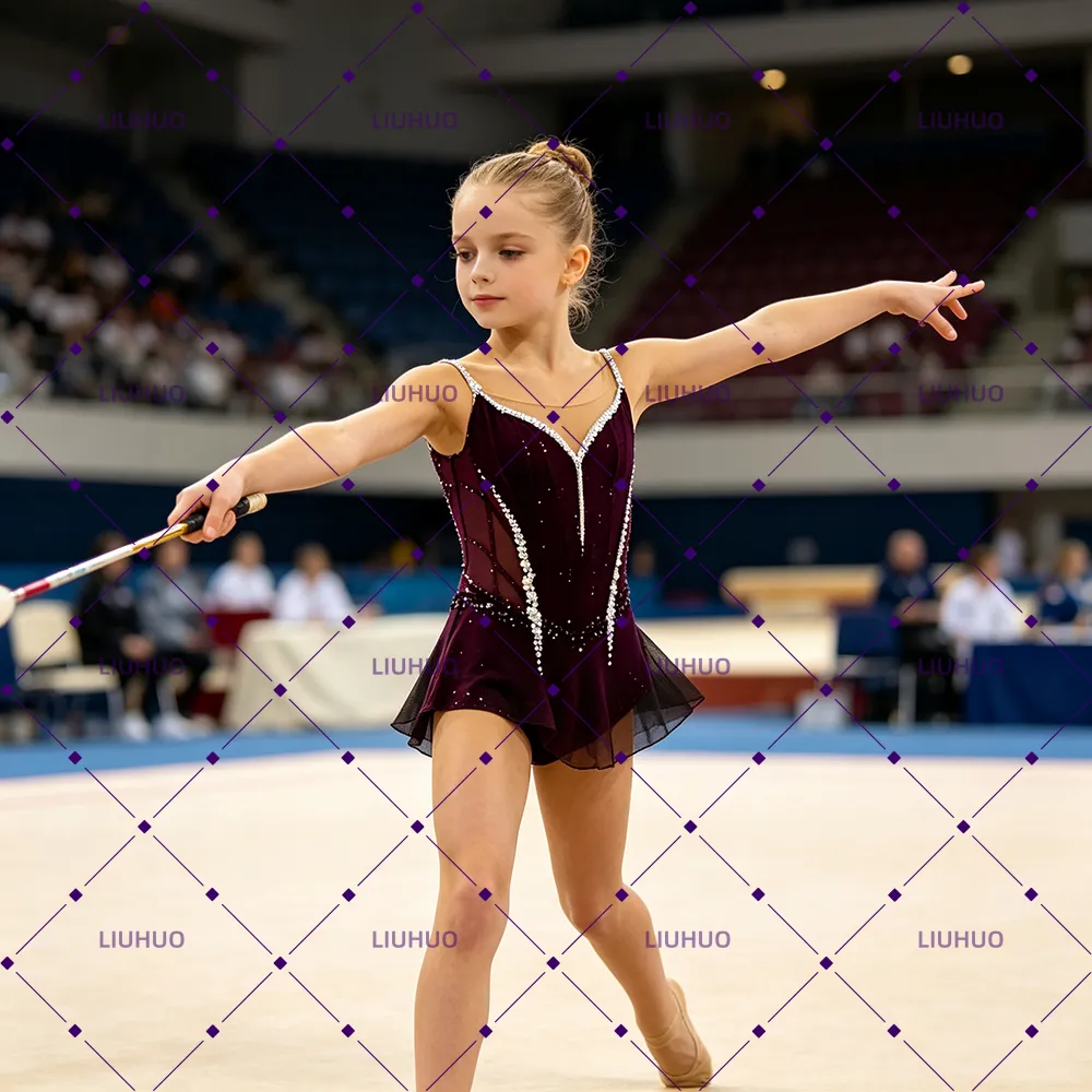 LIUHUO Rhythmic Gymnastics Costume JC1193 | Burgundy V Strap Dotted Mesh Competition Gymnastics Costume for Girls