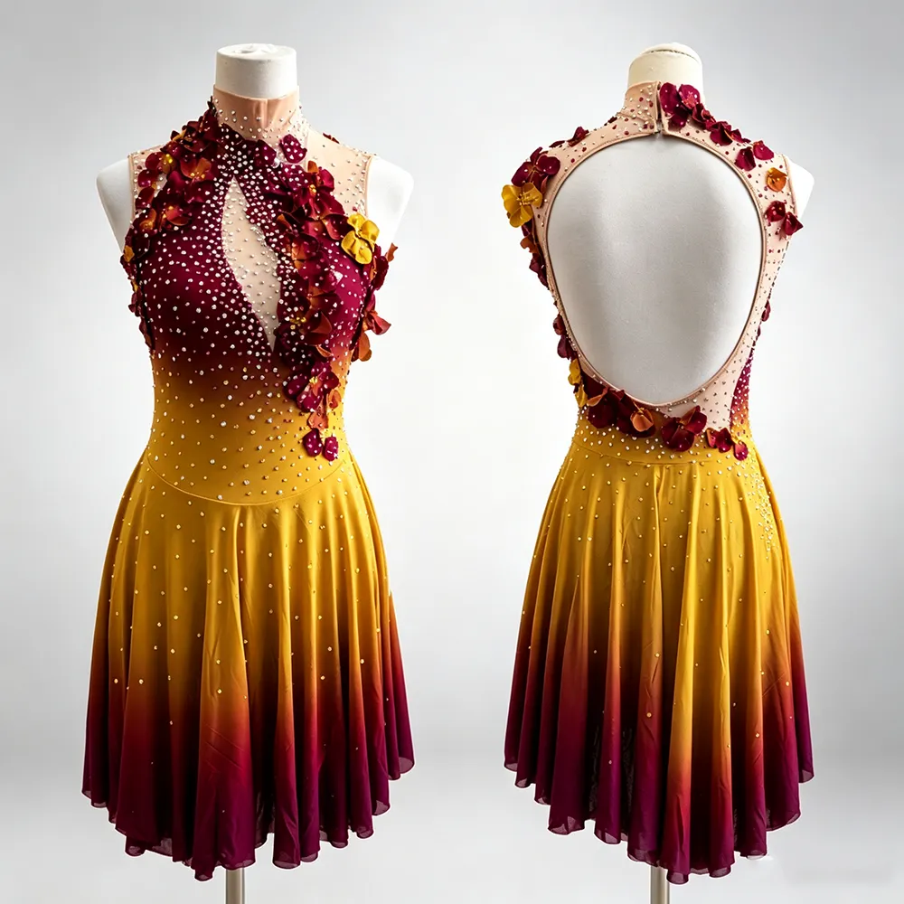 LIUHUO Figure Skating Dress BD7107 | Burgundy Yellow Gradient 3D Flower Crystal Embellished Skating Dress for Girls