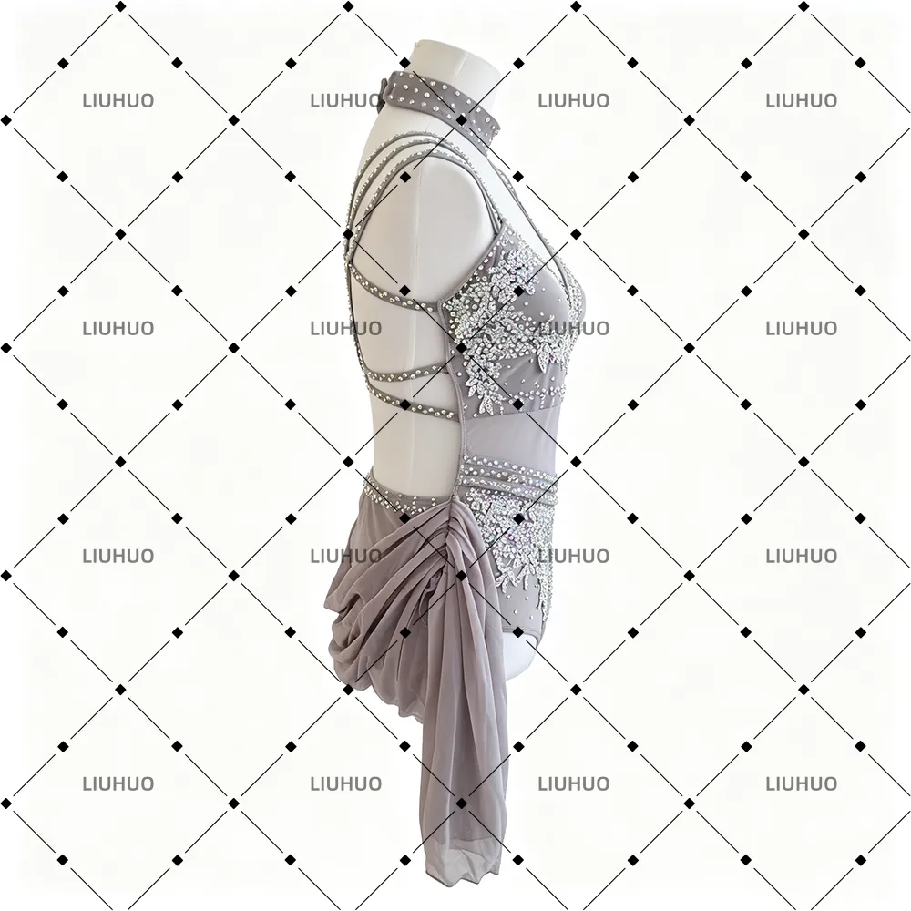 LIUHUO Lyrical Dance Costume BD3518 | Dusty Taupe Asymmetrical Floral Applique Crystal Cross-Back Single Sleeve Costume for Women & Girls