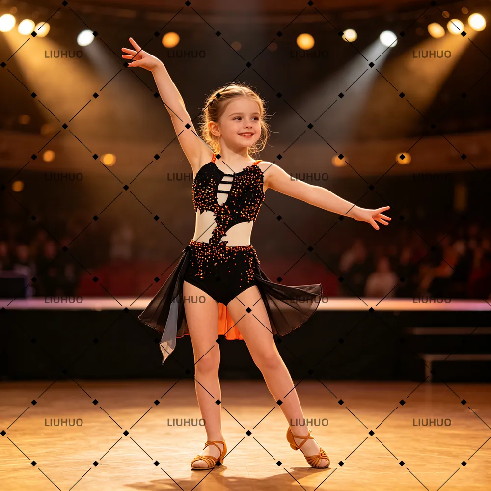 LIUHUO Lyrical Dance Costume JC902 | Onyx Black & Ember Red Multi-Cutout Ember Crystal Asymmetric Skirt Outfit for Women & Girls