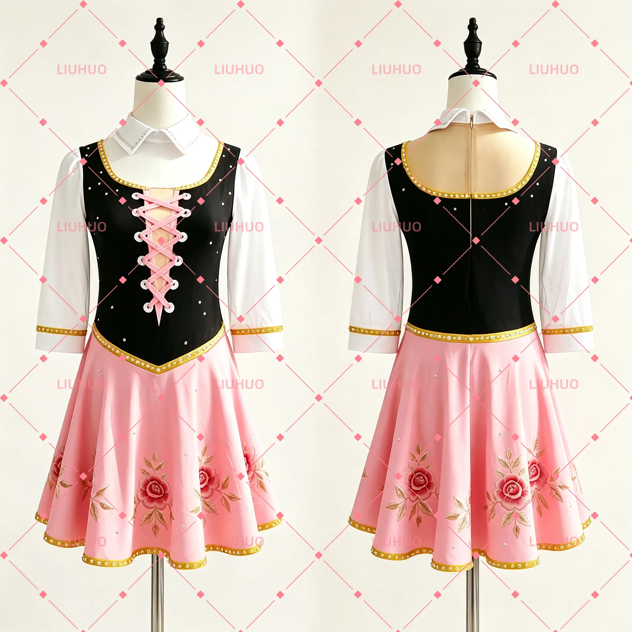 LIUHUO Figure Skating Dress JC1165 | German Dirndl Bavarian Pink Rose Floral Embroidered Crystal Figure Skating Costume for Girls