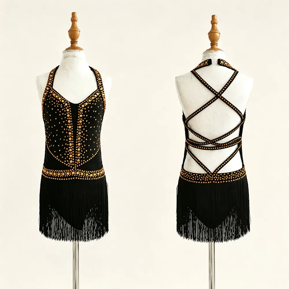LIUHUO Lyrical Dance Costume JC1244 | Black Gold Halter Neck Heavy Crystal Fringe Rhythm Competition Latin Costume for Girls