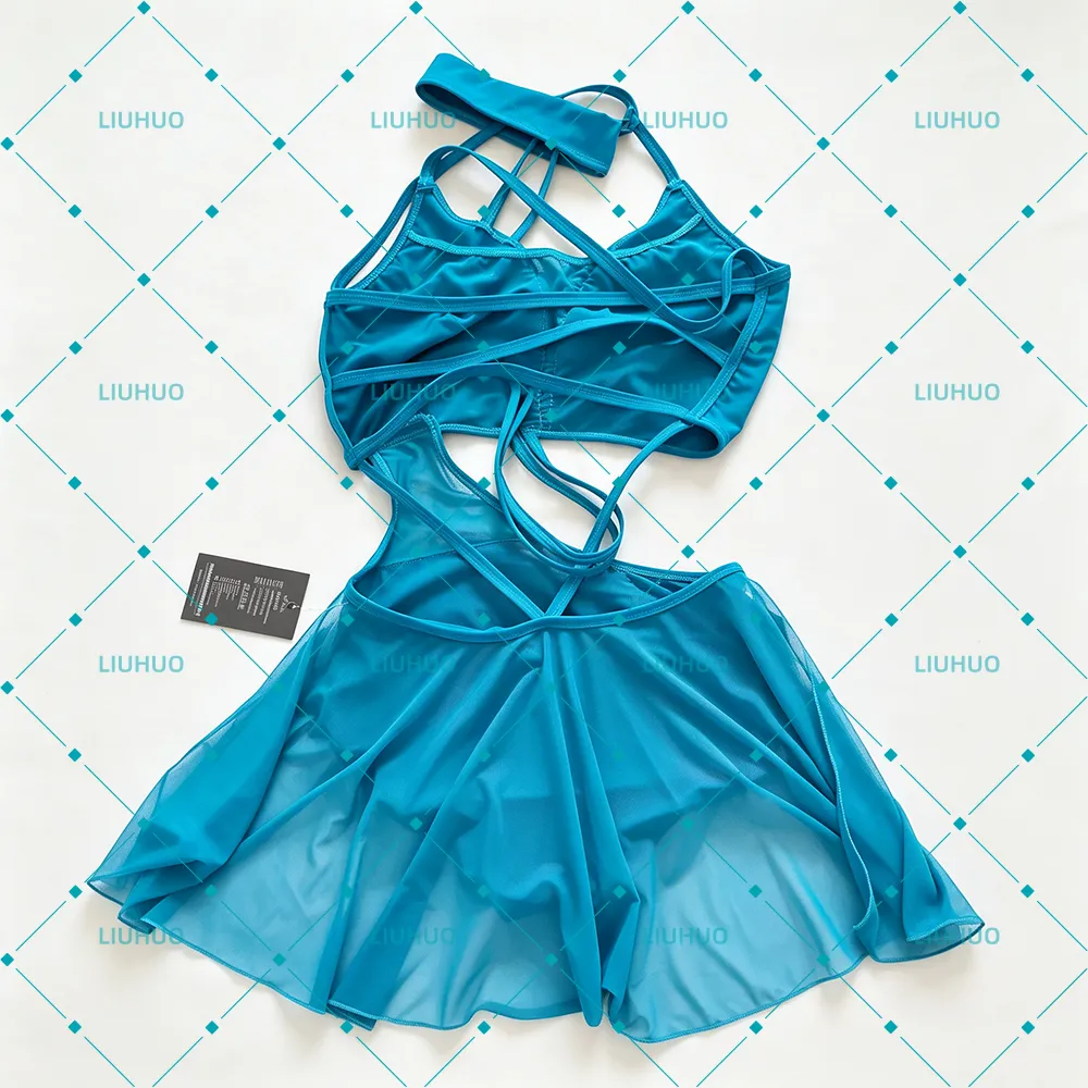 LIUHUO Lyrical Dance Costume JC1250 | Strappy Cross-Back High-Neck Chiffon Skirt Cutout Leotards for Women & Girls