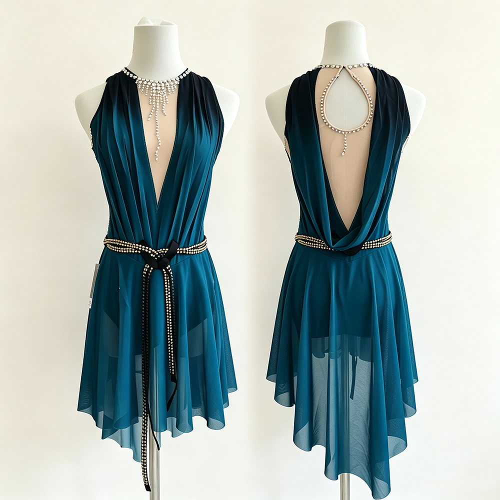 LIUHUO Figure Skating Dress JC1248 | Deep Teal Ombré Plunging V-Neck Gold Beaded Belt Keyhole Back Chiffon Ice Costume for Women