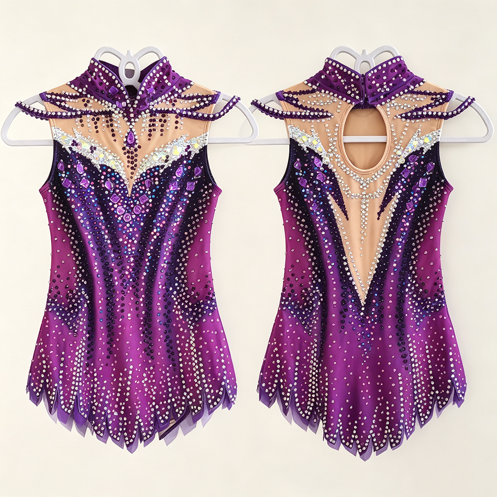 LIUHUO Rhythmic Gymnastics Leotard JC892 | Royal Purple High Neck Sleeveless Crystal Matrix Jagged Hem Competition Performance Suit for Women & Girls
