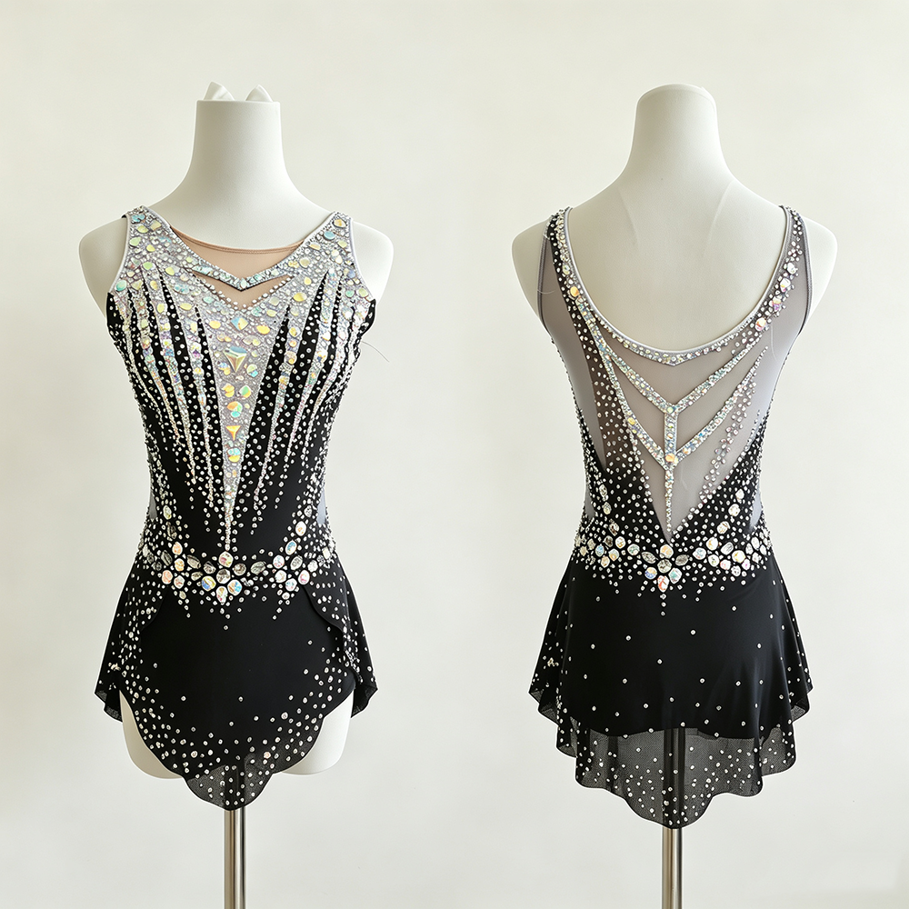 LIUHUO Rhythmic Gymnastics Leotard JC1276 | Black Silver V-Neck Sleeveless Crystal Matrix Competition Suit for Women & Girls
