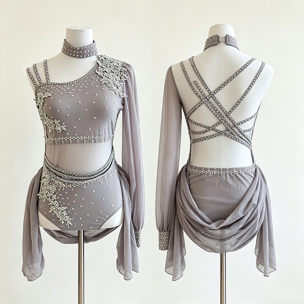 LIUHUO Lyrical Dance Costume BD3518 | Dusty Taupe Asymmetrical Floral Applique Crystal Cross-Back Single Sleeve Costume for Women & Girls