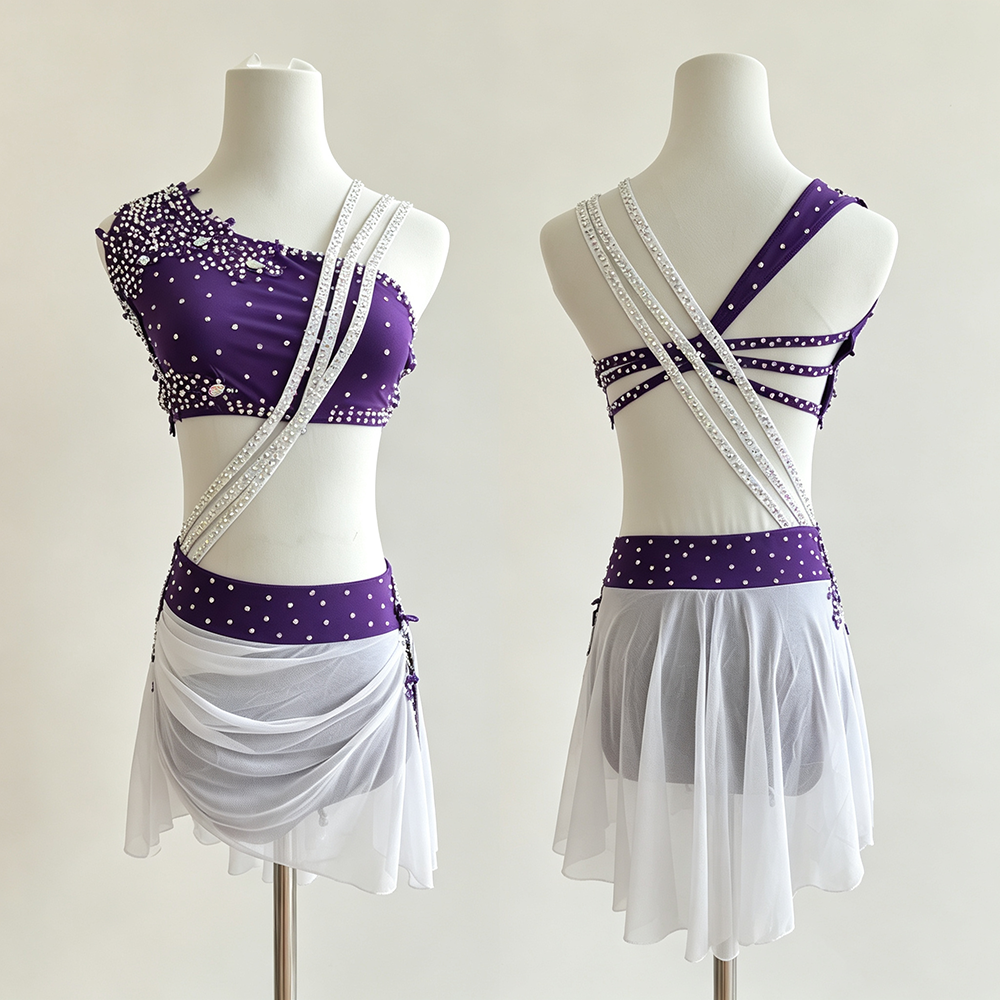 LIUHUO Lyrical Dance Costume BD1926 | Deep Purple White Asymmetrical Crystal Cross-Sash Two-Piece Mesh Costume for Women & Girls