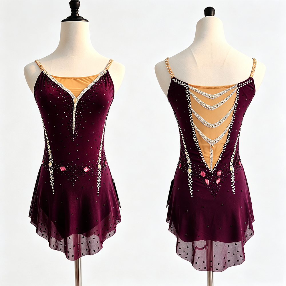LIUHUO Rhythmic Gymnastics Costume JC1193 | Burgundy V Strap Dotted Mesh Competition Gymnastics Costume for Girls